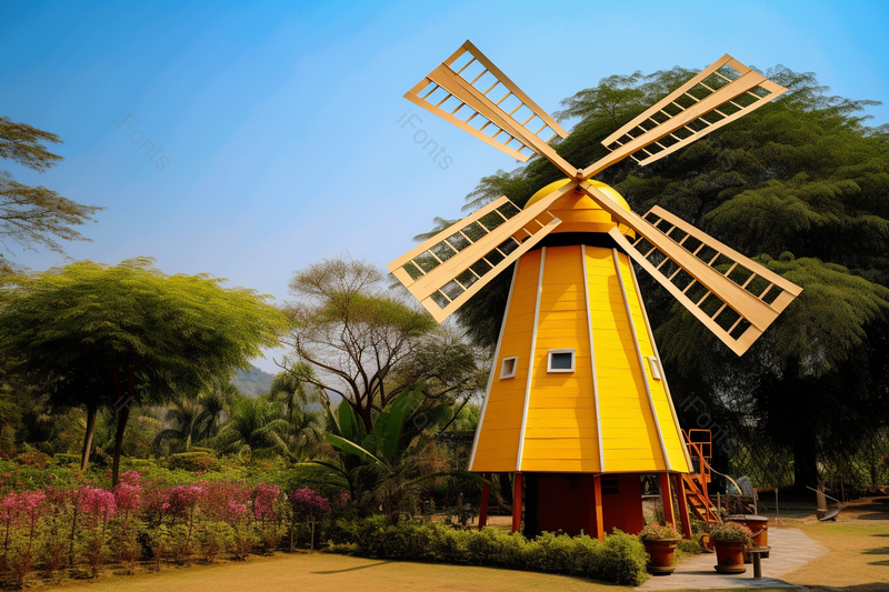 蓝天白云与黄色的风车屋子绿色树木,高清,摄影图,摄影图片,图片大全,摄影图免费下载